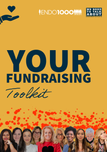 A yellow page with the title Your Fundraising Toolkit. In the lowe rhalf of the page there is a red splatter pattern with the faces of 10 ambassadors over the top